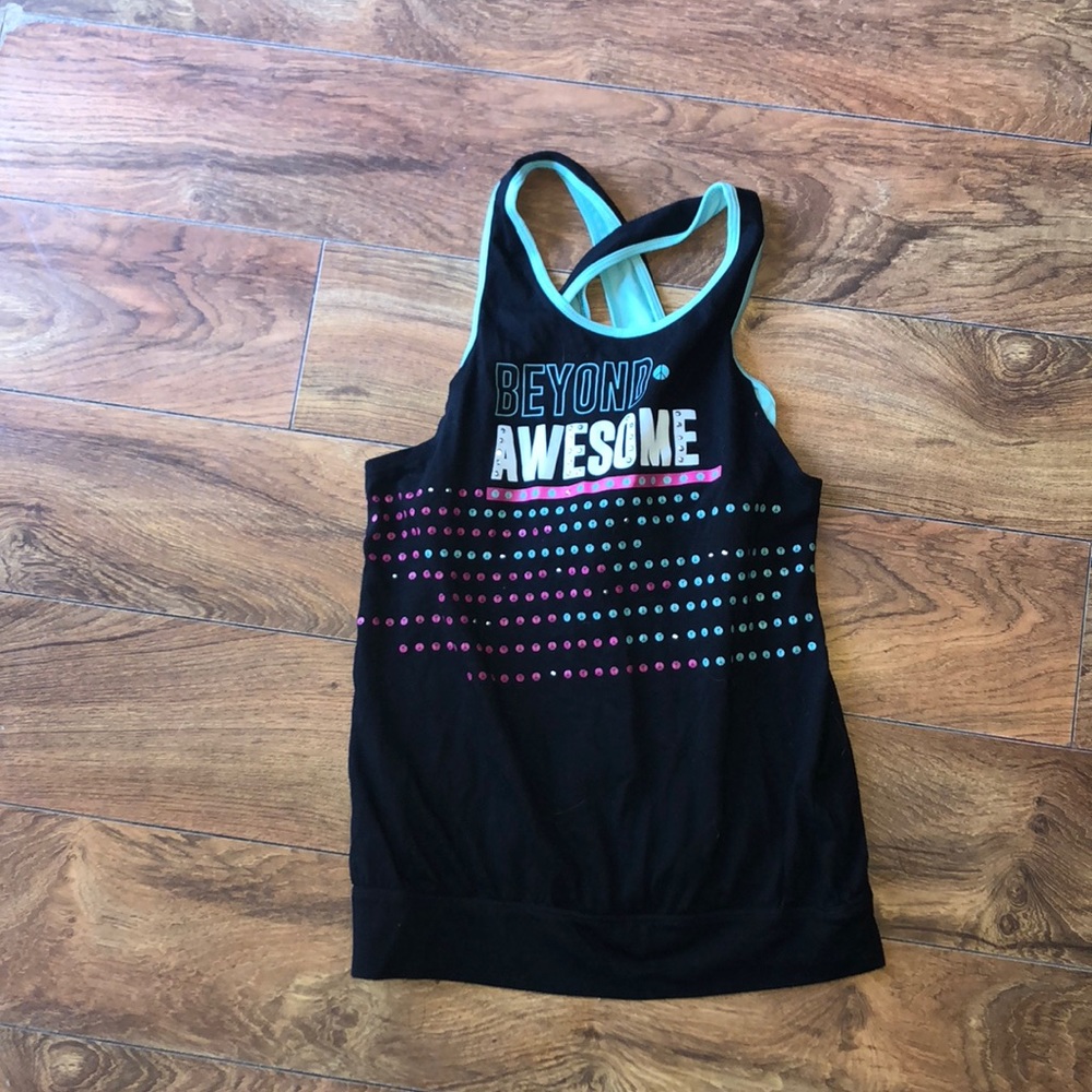 a black pink and white kids tank top